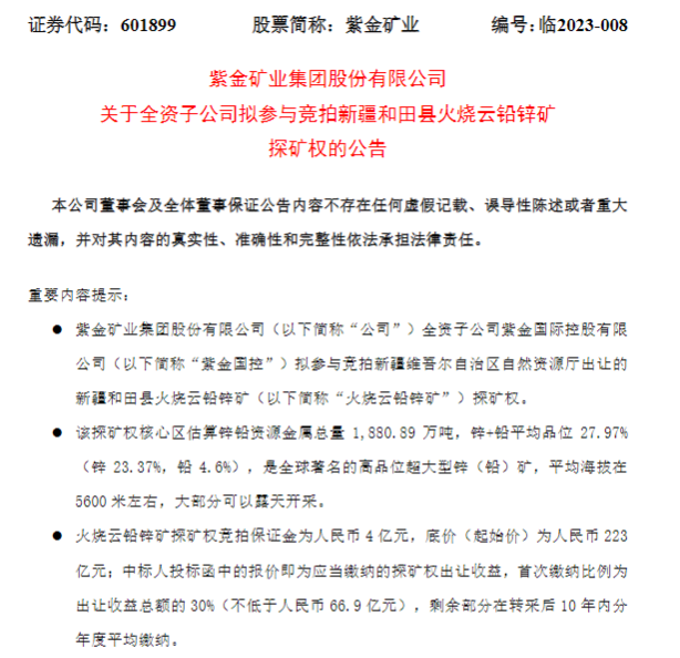 千亿“矿王”紫金矿业豪掷223亿竞标!去年股价仅涨逾3%,并购却花超300亿